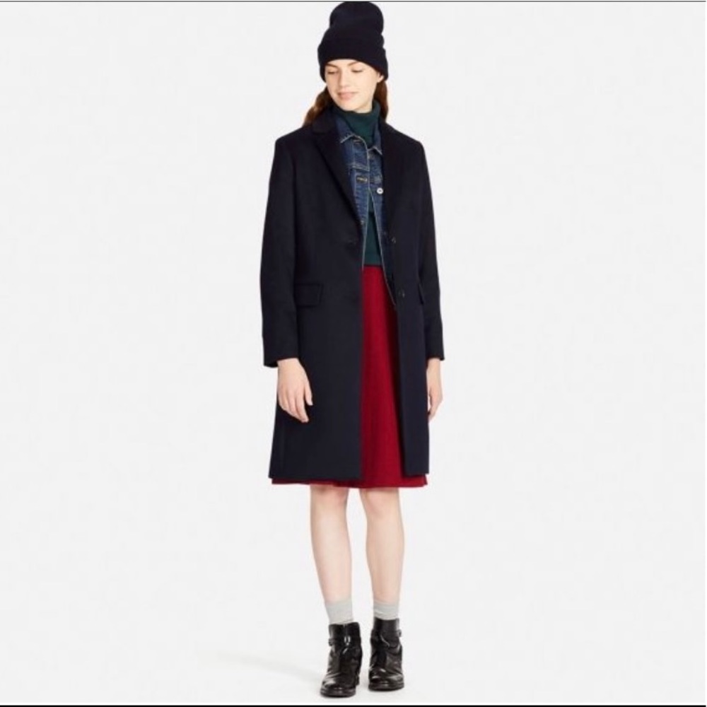 Uniqlo Navy MidLength Coat Jacket Wool Cashmere